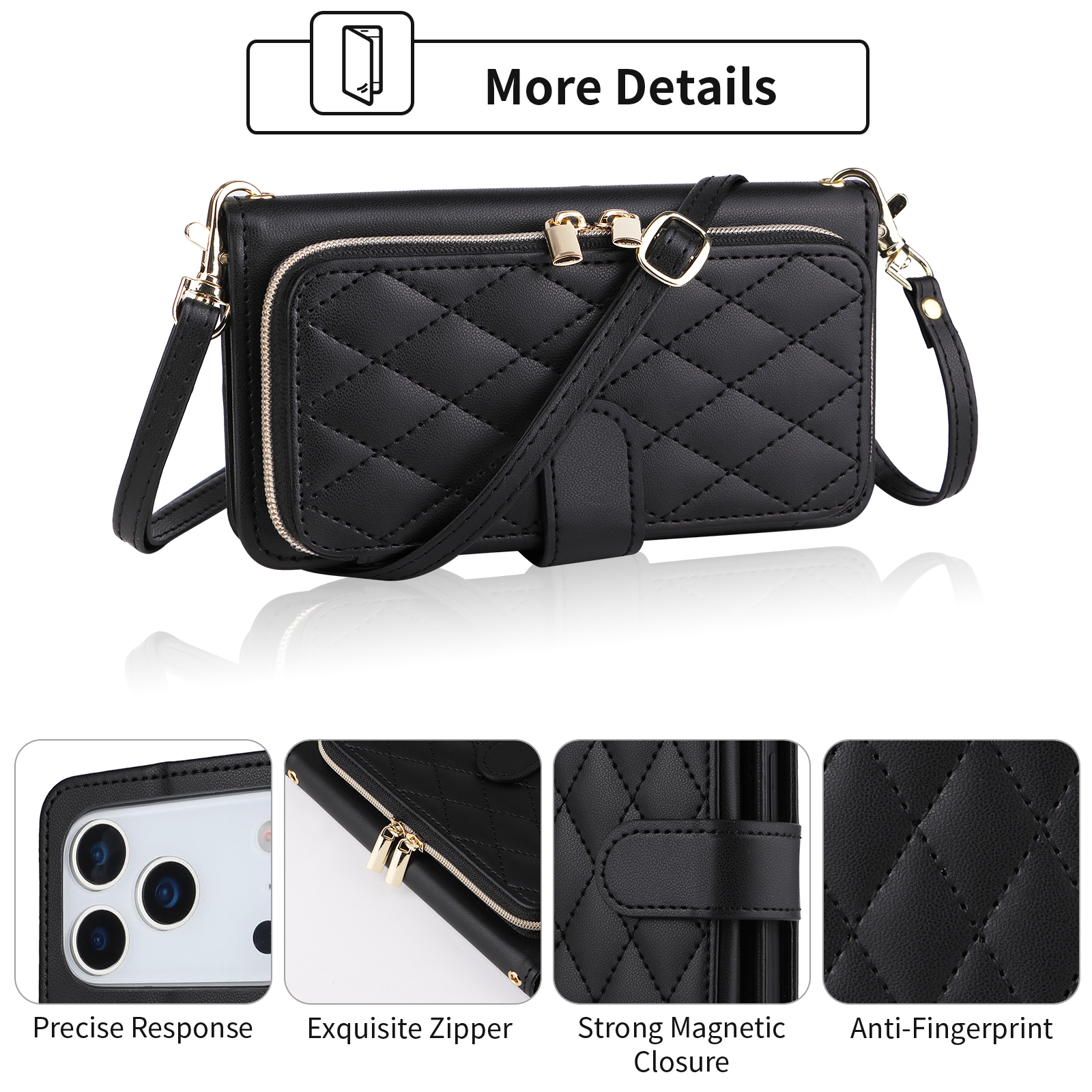 Furiet Argyle Wallet Case for iPhone 17 Pro 6.3 inch & Wrist/Shoulder Strap, Card Slots Zipper Purse Luxury PU Leather Stand Checkered Cell Phone Cover for i Phone17 i17 17Pro Women Girls Black