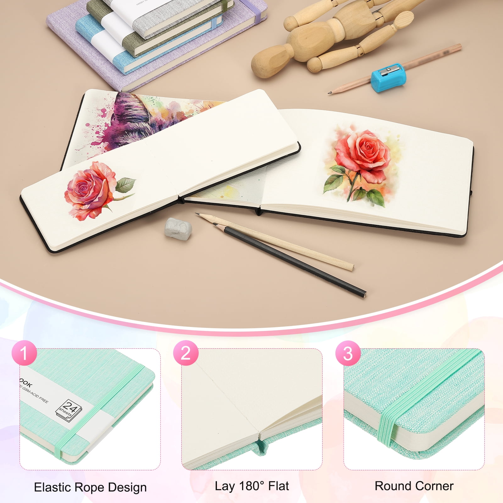 Uxcell 8.3x5.5" Square Watercolor Sketchbook, 2Pcs 24 Sheet 300gsm/140lb, Green