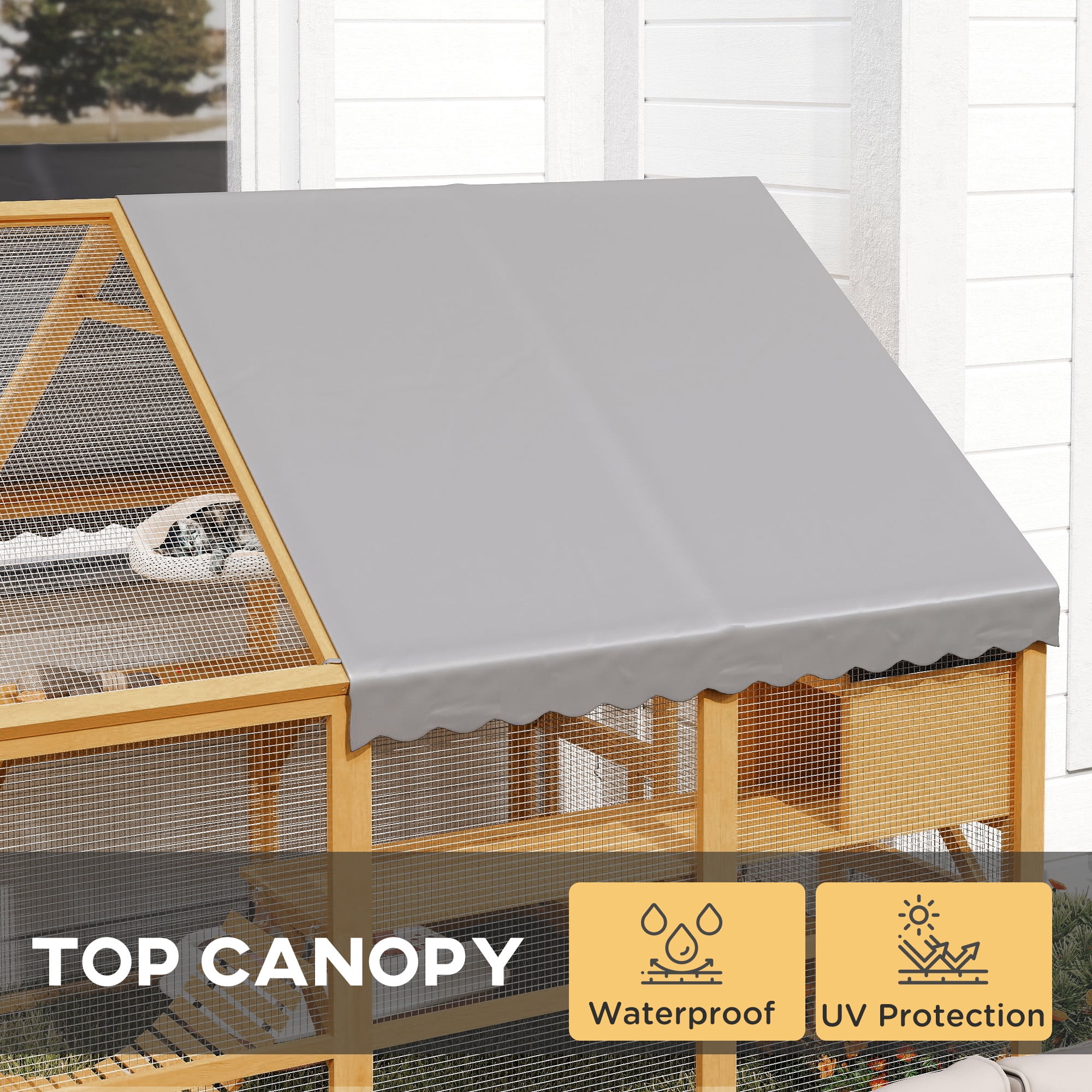 PawHut Large Catio Outdoor Cat Enclosure, Wooden Cat House for Multiple Kittens with Waterproof Cover, 2 Condos, 6 Platforms, Bridge, Doors, Yellow