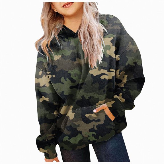 Gubotare Camo Hoodie Kids Cute Hoodies Maple Leaf Print Oversized Drop Shoulder Fleece Hooded Sweatshirt Pullover With Pocket (Army Green, 4-5)
