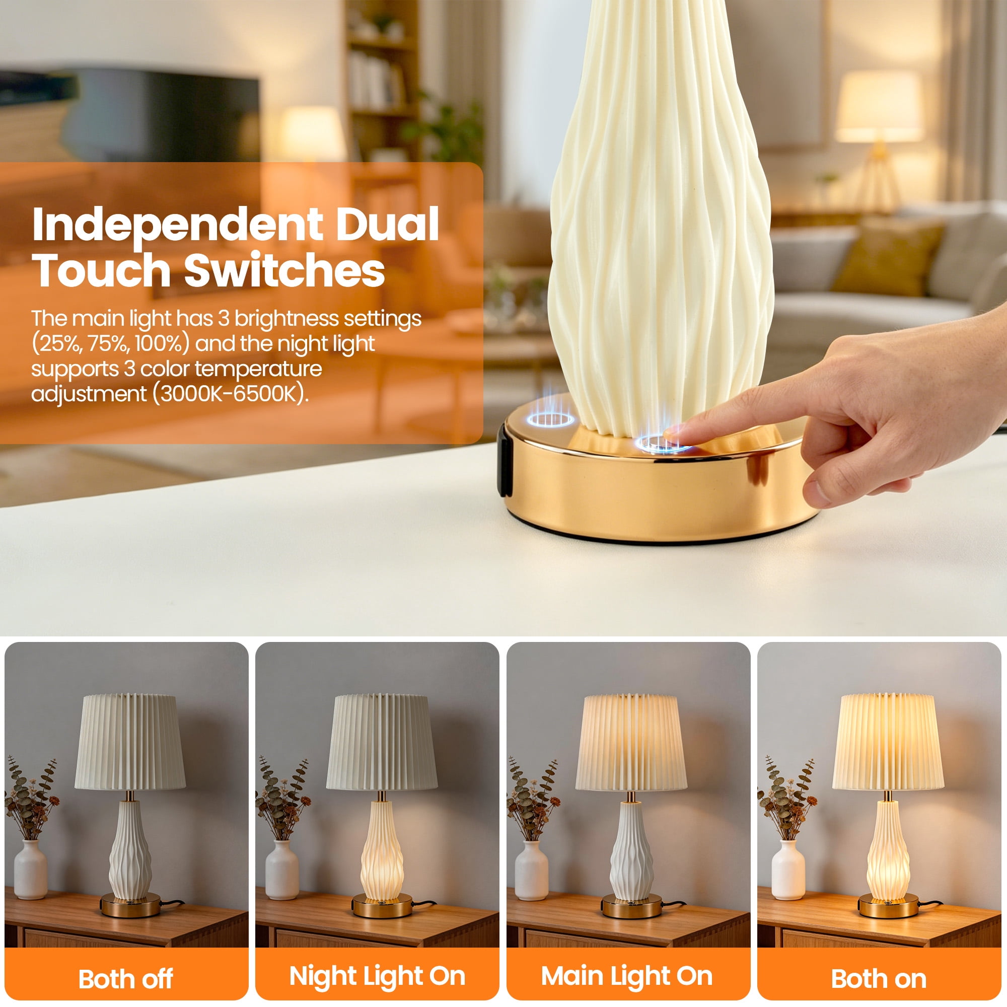 HadinEEon 18.5" Table Lamp Set of 2, Beside Lamp with USB A&C Ports and Night Light, Touch Control 3 Way Dimmable, for Living Room Bedroom Office