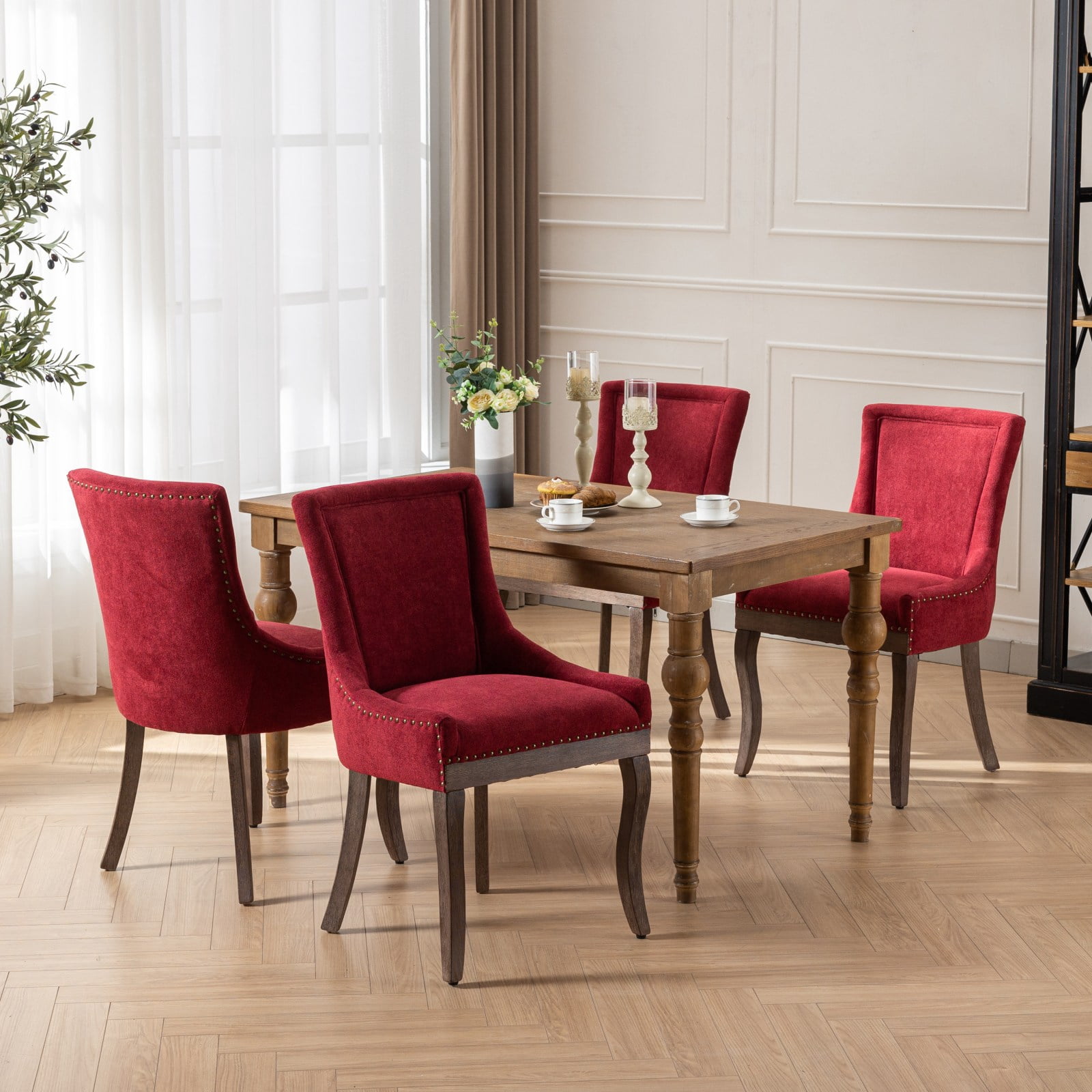 BSHTI Furniture Ultra Side Dining Chair Set of 2, Wine Red Burgundy Thickened Fabric Chairs with Solid Wood Legs & Bronze Nail Head