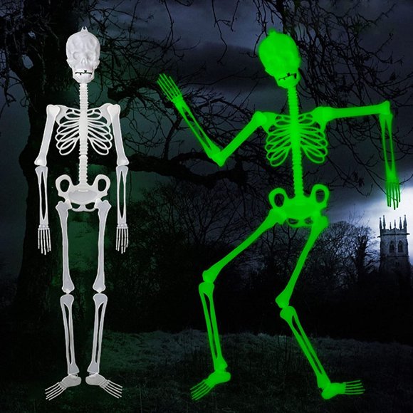Deago 2 Pack Halloween Hanging Luminous Skeleton Decorations 5 Ft Full Body Glow-in-The-Dark Poseable Skeleton for Outdoor Yard Garden Hanging Halloween Props