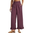 thumbnail image 3 of XIAONU Women's Ruffle Hem Wide Leg Pants Smocked High Waist Side Pocket Design Trousers Lightweight Boho Style Casual Bottoms Purple, 3 of 7
