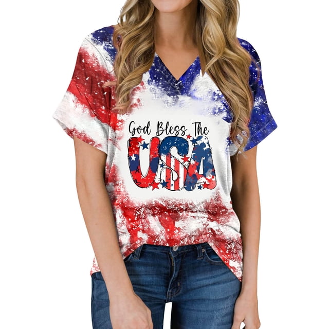 Camisas de Manga Corta para las Mujeres Día de la Independencia Blusas Estampado Cuello en V Top, Blusas para las Mujeres Casual