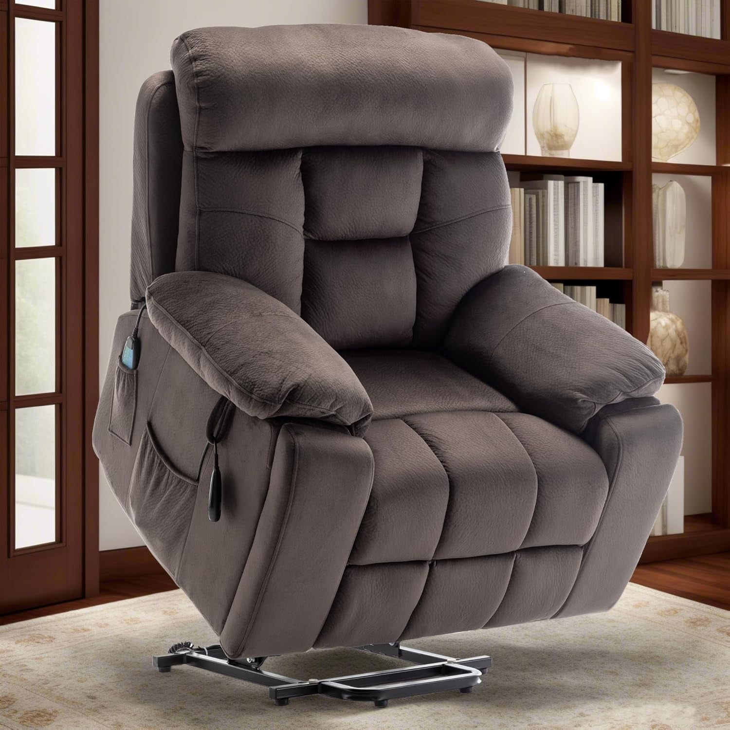 Lift Recliner for Big and Tall Seniors, Lift Chair with Heat and Vibration Massage, 2 Side Pockets, 2 Cup Holder, 2 Remote, OKIN Motor