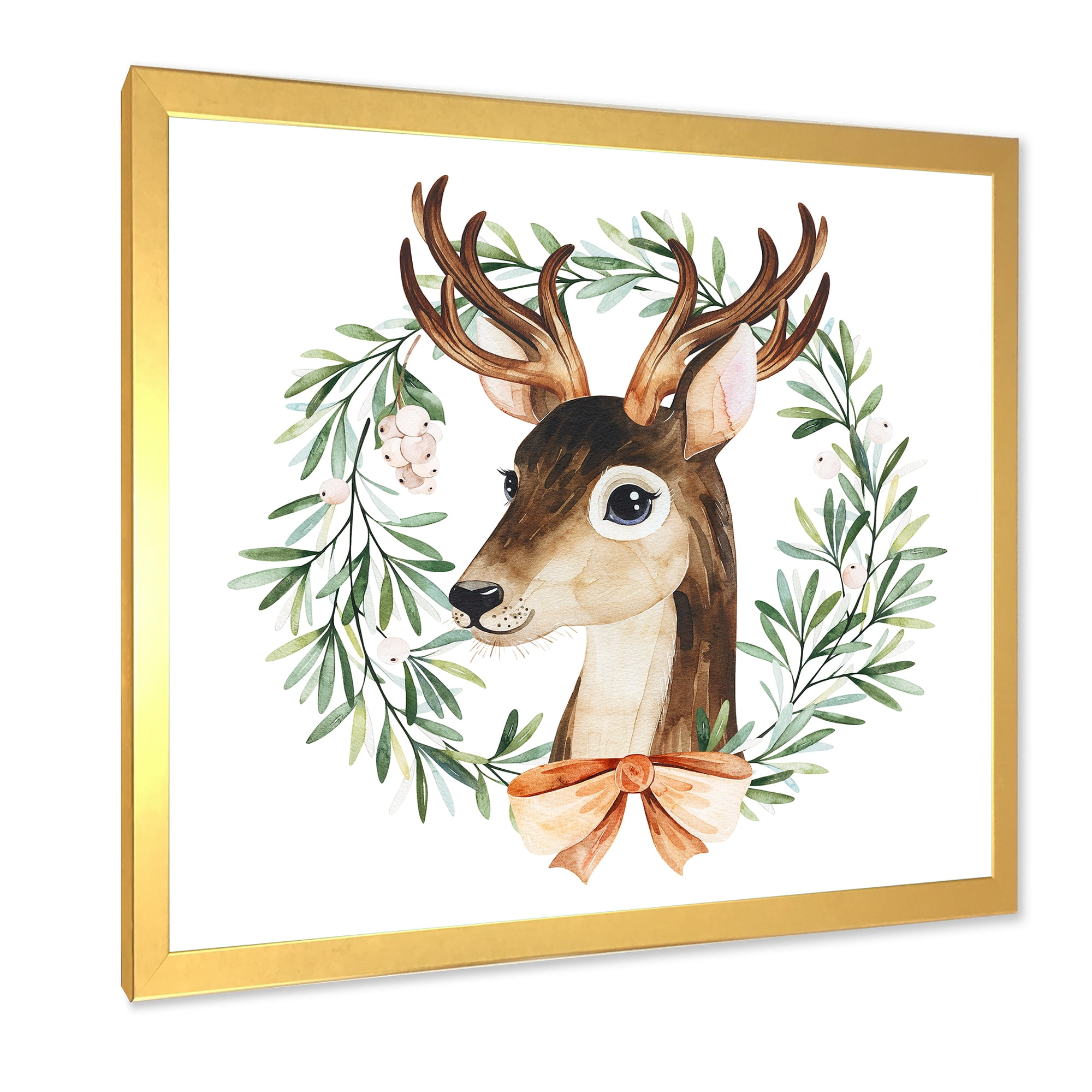 Designart 'Floral Wreath Isolated On White Over Deer' Farmhouse Framed Art Print