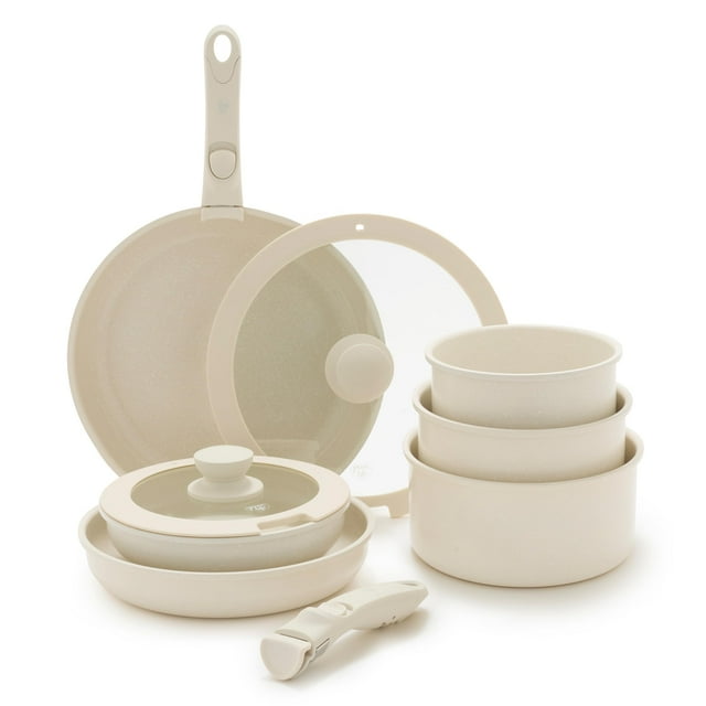 GreenLife Click Juego de utensilios de cocina antiadherentes de cerámica de 10 piezas, mango desmontable, esencial de cocina apilable para ahorrar espacio, ollas y sartenes no tóxicas sin PFAS, apto p