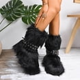 thumbnail image 2 of Rokment Womens Fuzzy Faux-Fur Mid Calf Winter Snow Boots with No Heel Fashion Punk Buckles Strappy Furry Plush Short Dress Booties Black Size 5.5, 2 of 6