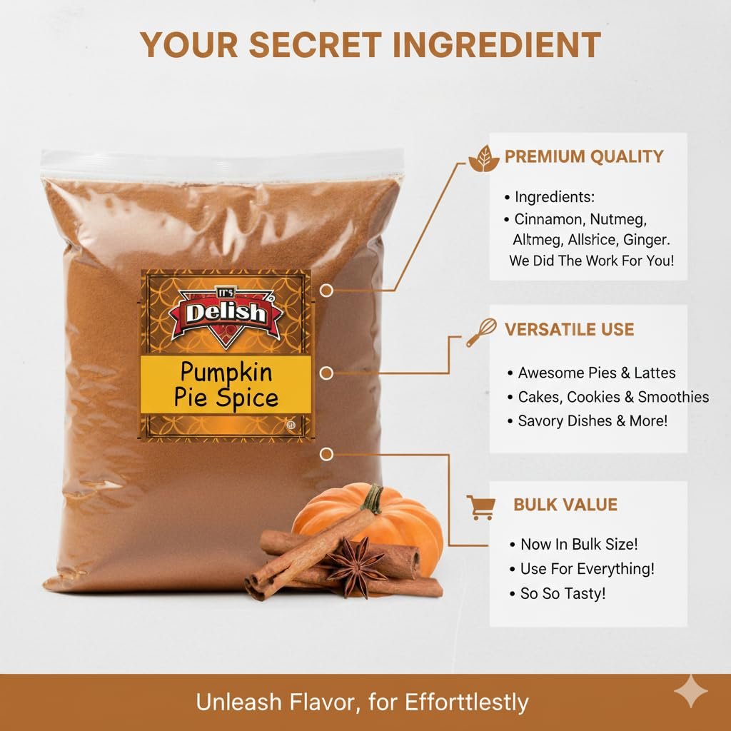 Gourmet Pumpkin Pie Spice Powder by It's Delish, 2 lbs Bulk Bag  Awesome Pumkin and Apple Pies Seasoning  Coffee Latte Tea Holiday Baking  Blend of Cinnamon, Nutmeg, Allspice, Ginger  Kosher