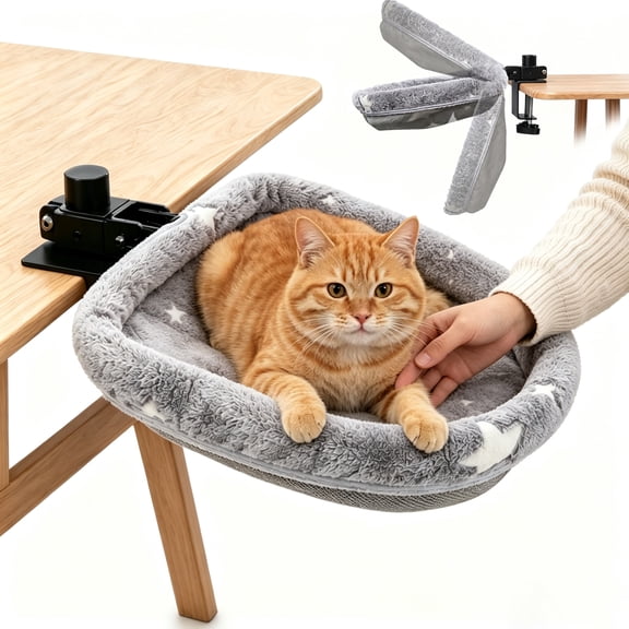 Cat Desk Bed for Indoor Cats, 17” Space Saving Cat Bed for Sleeping, Foldable Clamp‑On Desk Cat Perch with Washable Soft Cushion for Home Office Desk