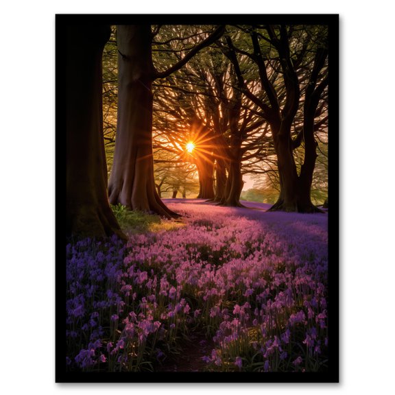 Purple Bluebell Woods At Dawn Sunrise Peaceful Elegant Artwork Art Print Framed Poster Wall Decor 12x16 inch