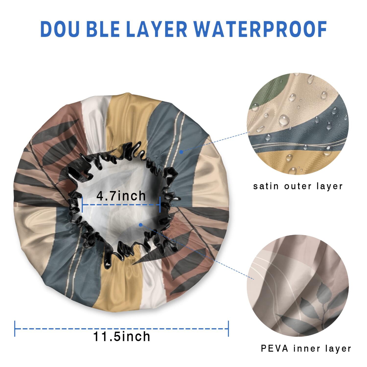 Shower Caps,Brown Boho Geometric and Plant Pattern Waterproof Shower Cap for Women 4 Pieces,Double Reusable Hair Cover for Shower PEVA Elastic Stretch Hem