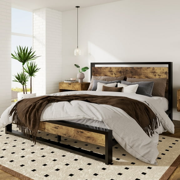SHA CERLIN Brown Queen Size Industrial Metal Platform Bed Frame with Wooden Headboard & Storage, Adult