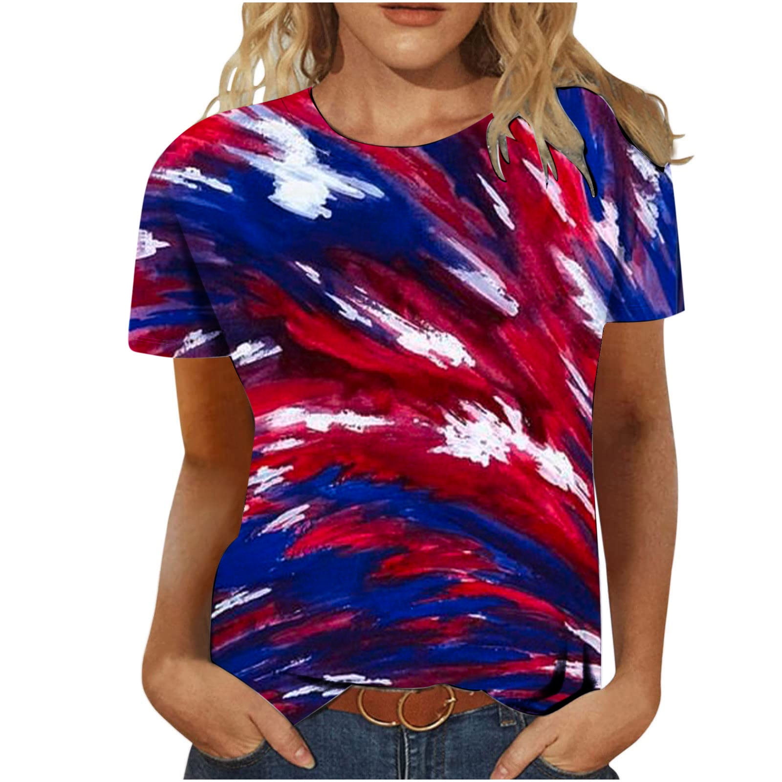 Women's American Flag Cold Shoulder Blouse - 4th Of July Patriotic Tie-Dye Tee, Loose V-Neck, Short Sleeve