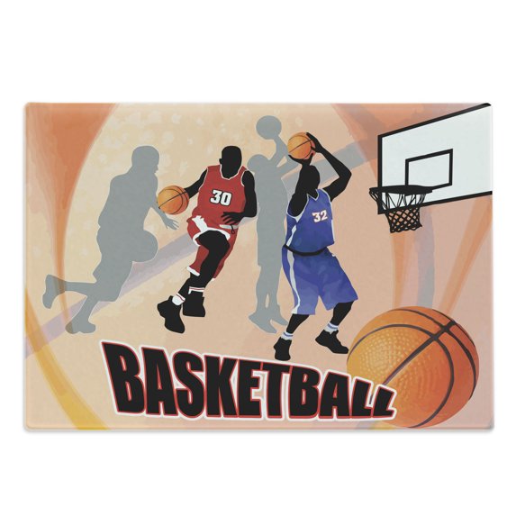 Basketball Cutting Board, Basketball Action Players on Abstract Background Classical Poster Style Print, Decorative Tempered Glass Cutting and Serving Board, Large Size, Orange Black, by Ambesonne