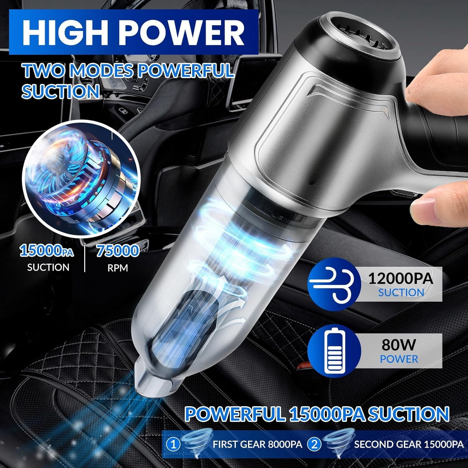 Boyun Daj Handheld Car Vacuum Cleaner, 15000Pa High Power Cordless 7-in-1 Wireless Mini Portable Vacuum Cleaner for Car Home Office, Perfect for Pet Hair