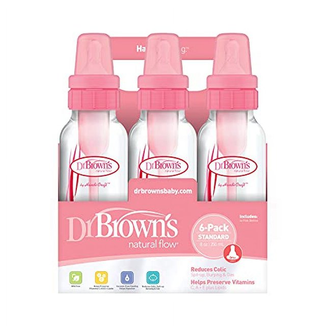Biberón de alimentación DR Browns Natural Flow 6PK Clear con impresión rosa - 250ML(8OZ) (Estándar)