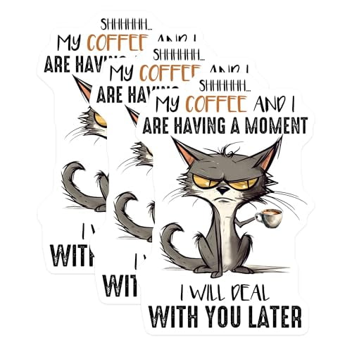 (3 Pack) Cat Coffee Decals - Funny Kitty Quote - Laptop Decal - Grumpy Cat Art - 3 Inches On Longest Side - Easy Peel & Apply - Made in USA - 3MCS6504