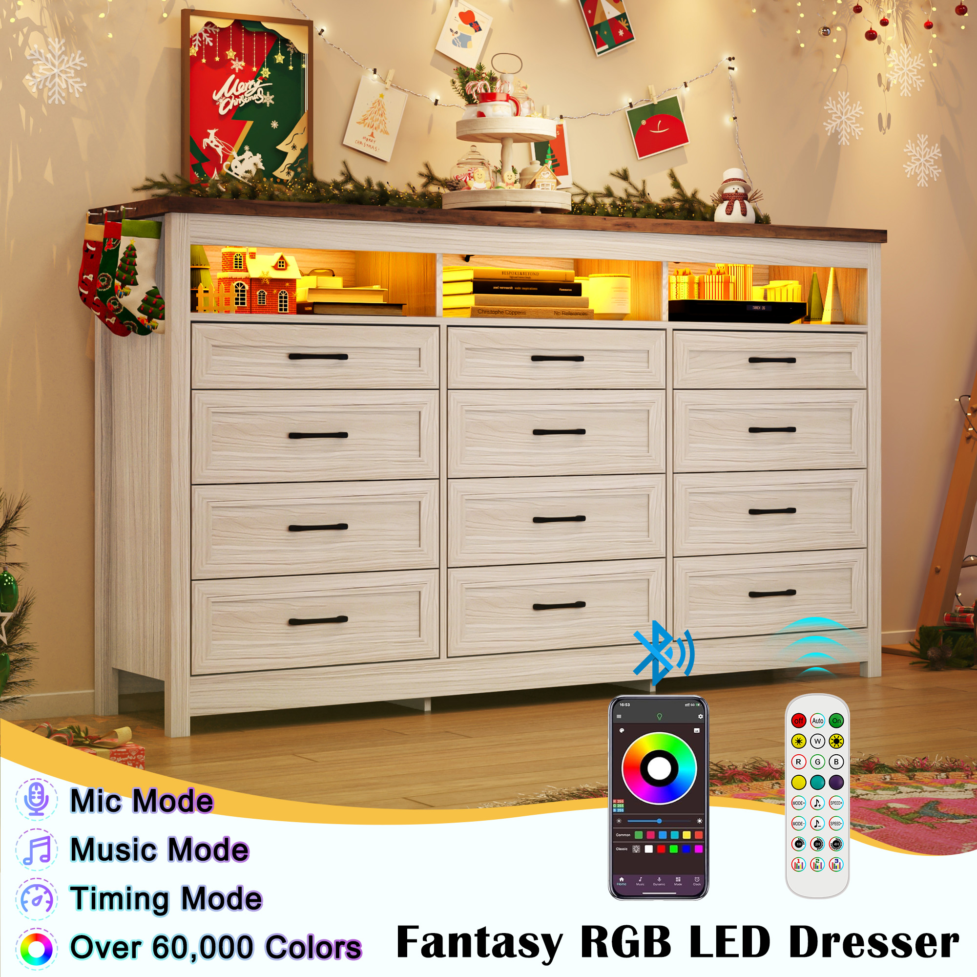 ANPOO 71" Large Farmhouse 12 Drawers Dresser with LED Lights & Power Outlet, 41" Tall Chest of Drawers with Storage Organizer/60000 Colors Light, Modern Wood Dresser for Bedroom, Living Room, Hallway