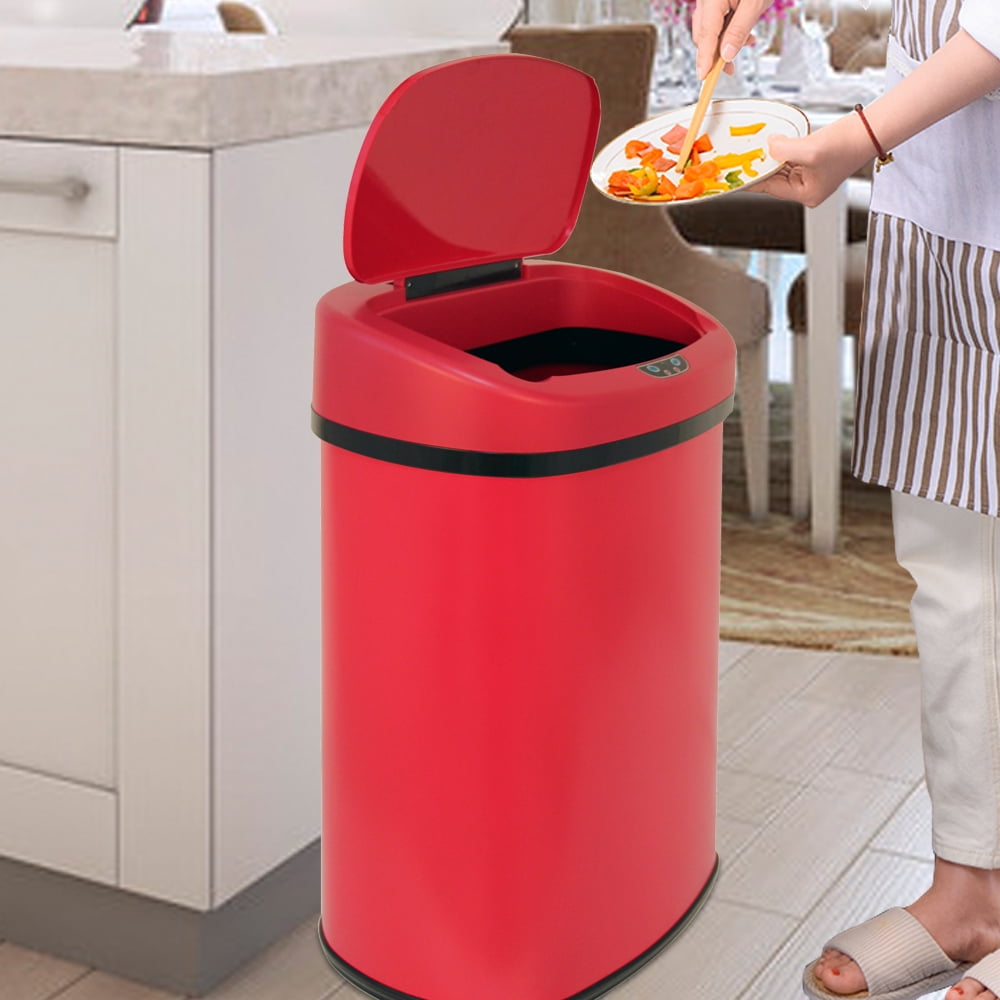 Automatic Sensor 13 Gallon Trash Can Touch Free Trash Can No Touch Garbage Can Kitchen Waste Bin Bathroom Trash Can with Lid for Home Bedroom Office, Power by Battery, Red