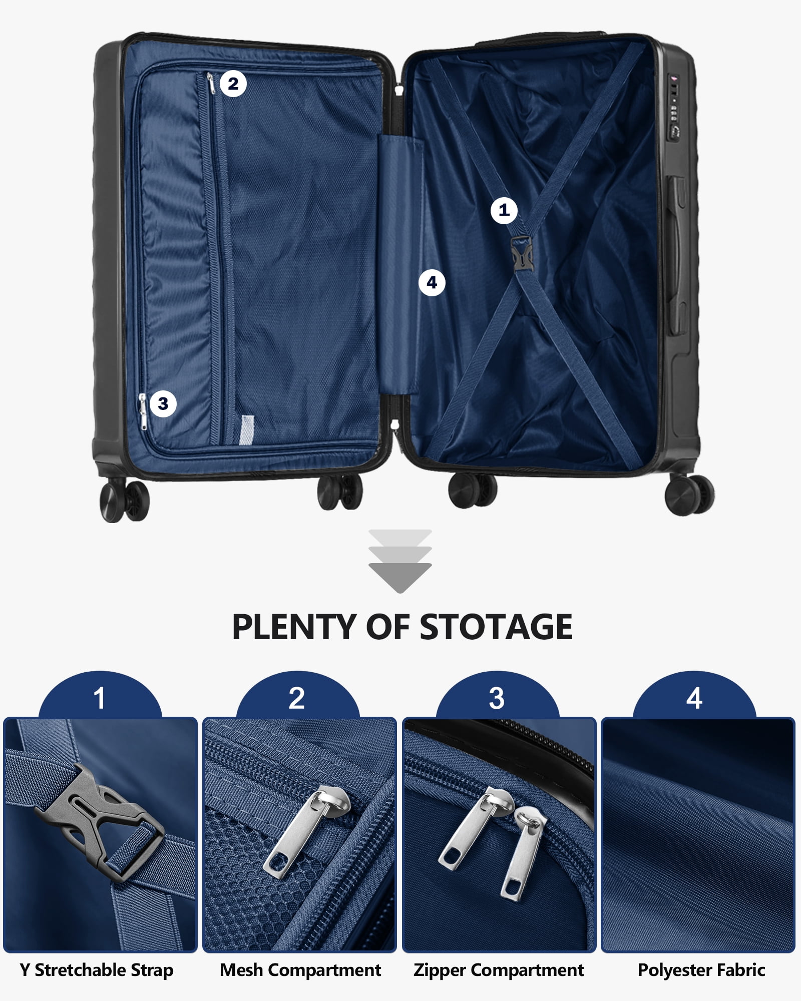 Walmart 3Piece Hard Shell Spinner Luggage Set with Wheels, Carry on and Checked, Black, PC +ABS Suit(图2) Walmart 3Piece Hard Shell Spinner Luggage Set with Wheels, Carry on and Checked, Black, PC +ABS Suit(图2)