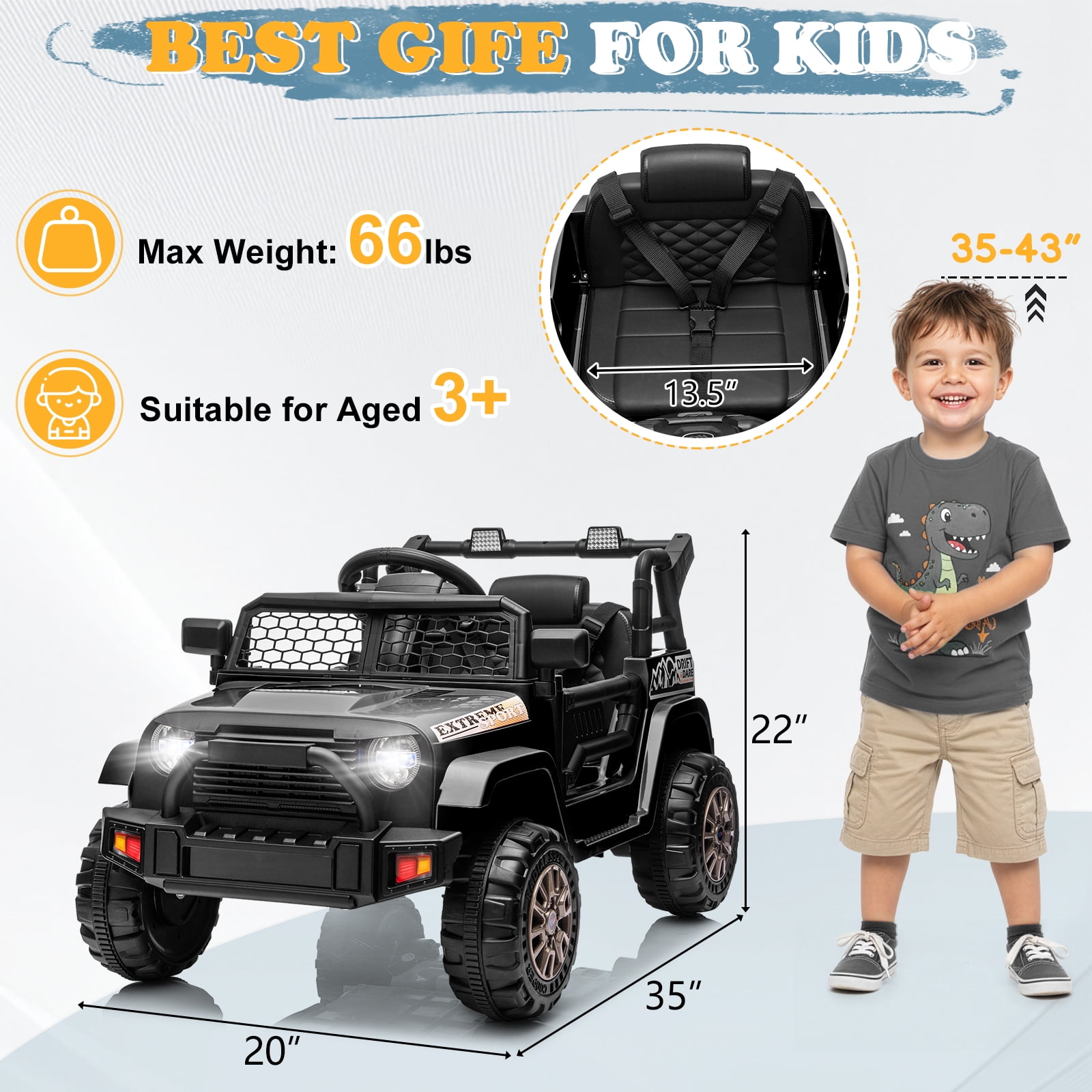 Ktaxon 12V Kids Electric Ride on Car, Battery Powered Ride on Toys Truck with Remote Control, Electric Car for Kids w/Bluetooth & Lights, Black