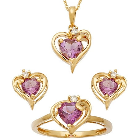 2.18 Carat T.G.W. Amethyst and CZ 14kt Gold over Sterling Silver Heart Pendant, Earrings and Ring Set