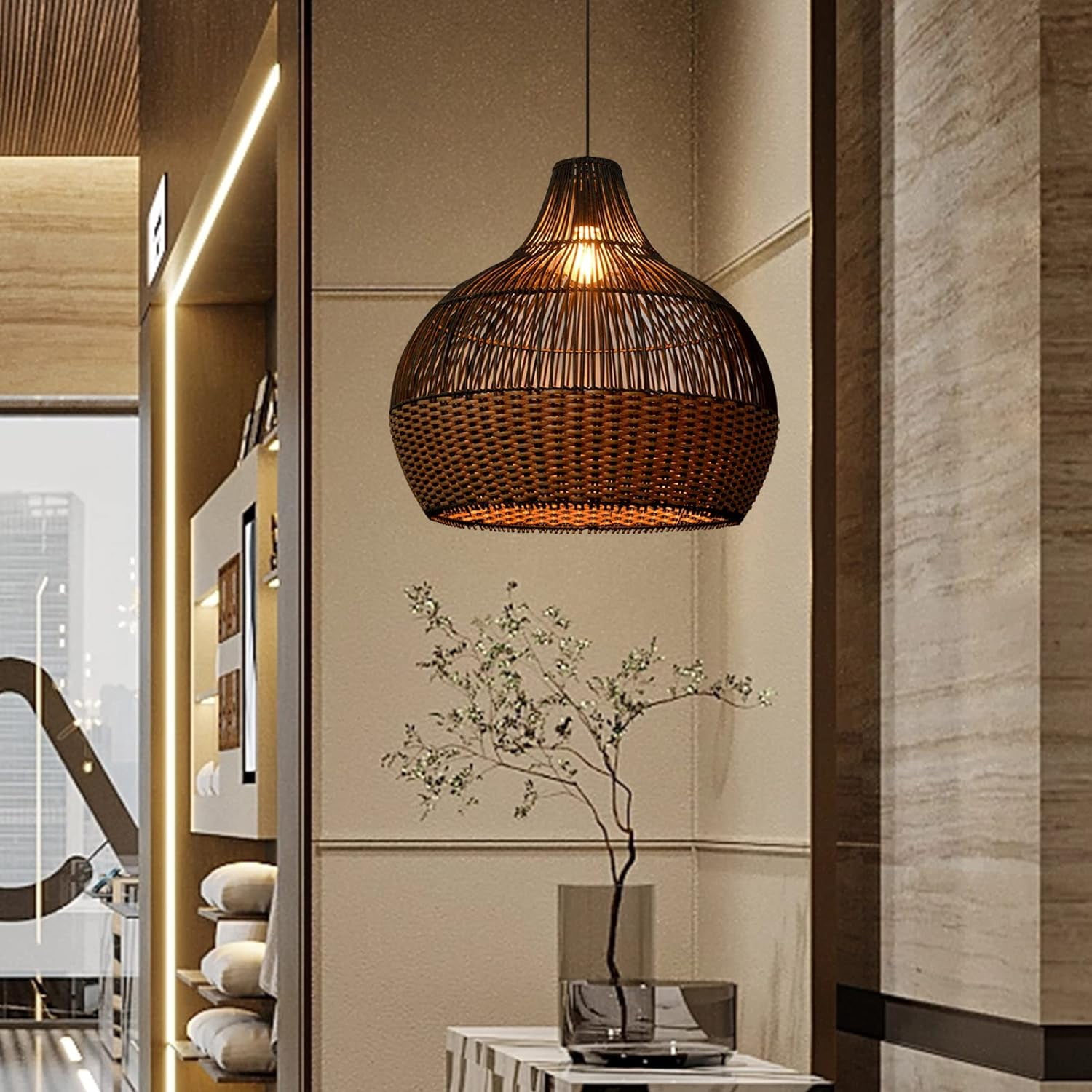 Arturesthome Rattan Pendant Light Fixtures, Wicker Boho Black Basket Lighting Chandelier