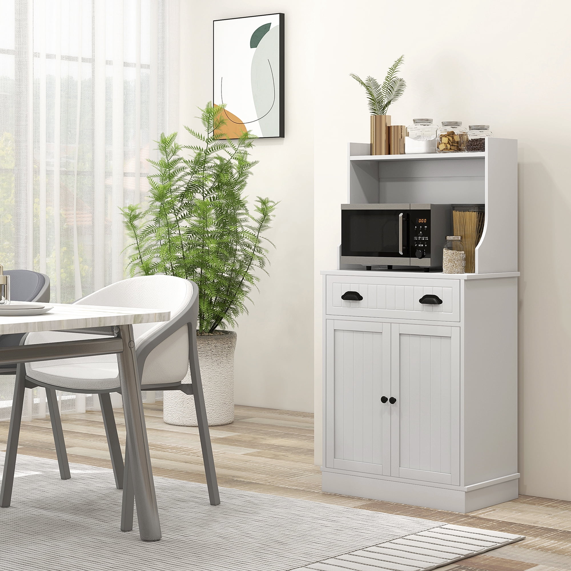 DUOSONG Homcom Microwave Cabinet With Storage Drawer, Double Door Cabinet And Adjustable Shelf, Buffet With Hutch And Cable Hole, Storage Cabinet For Kitchen, Dining Room, Living Room, White White