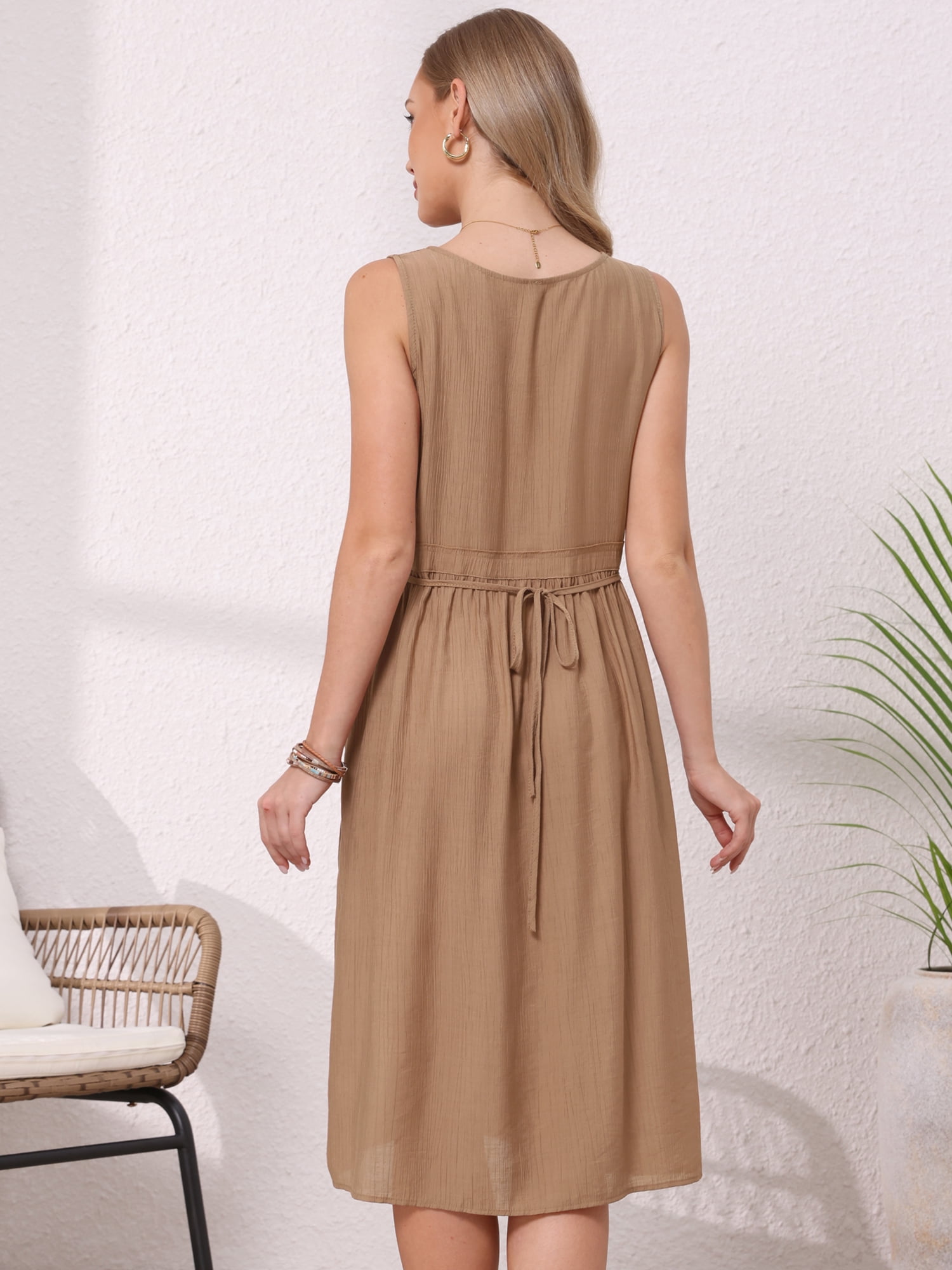 DARING DIVA Women's Sleeveless Crew Neck Drawstring Waist Midi Dress M Khaki