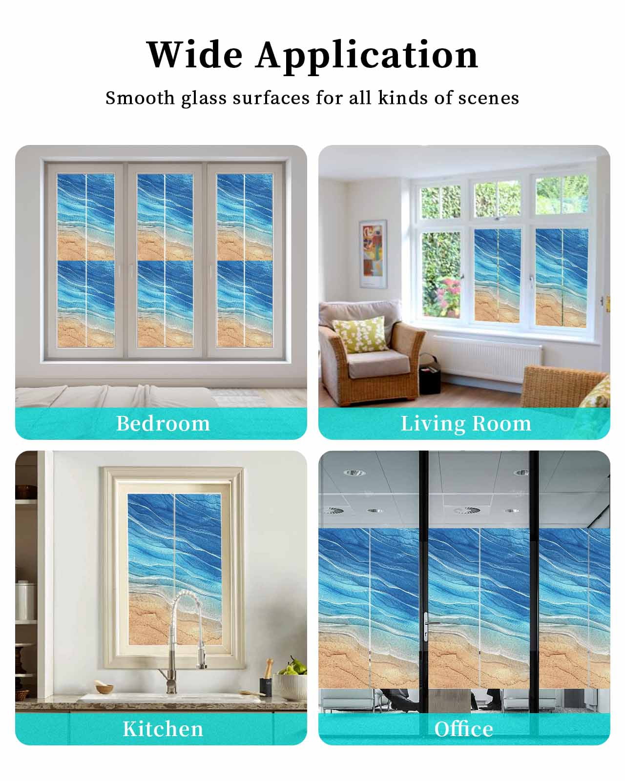Window Privacy Film, Blue Ocean Ombre UV Sun Blocking Window Tint Film Heat Control One Way Blackout Window Film, Spring Summer Coastal Sea Wave Non Adhesive Static Cling Window Sticker 23.6x78.7 In