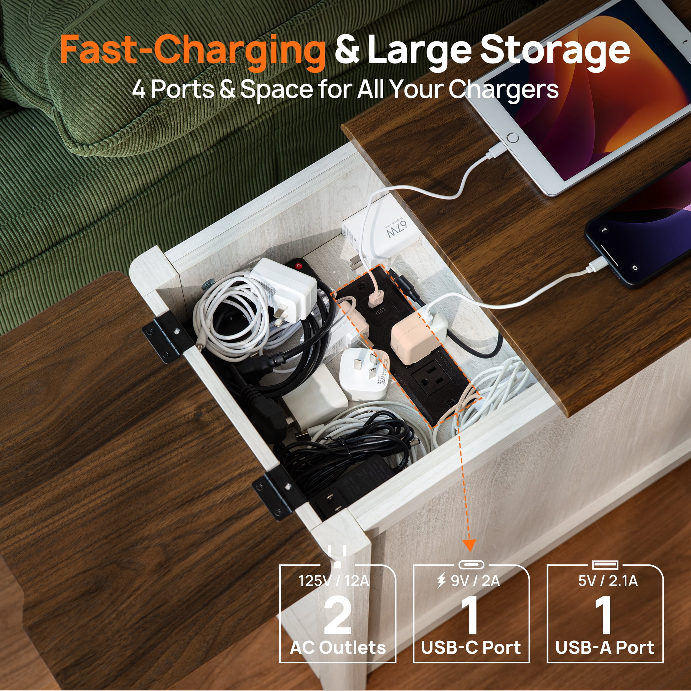 CHIC HOUSE End Tables for Living Room with Charging Station Wheels, Farmhouse Nightstand for Bedroom with Drawer Storage, Wheeled Narrow Side Tables Accent Tables, Small Tables for Small Space, Oak