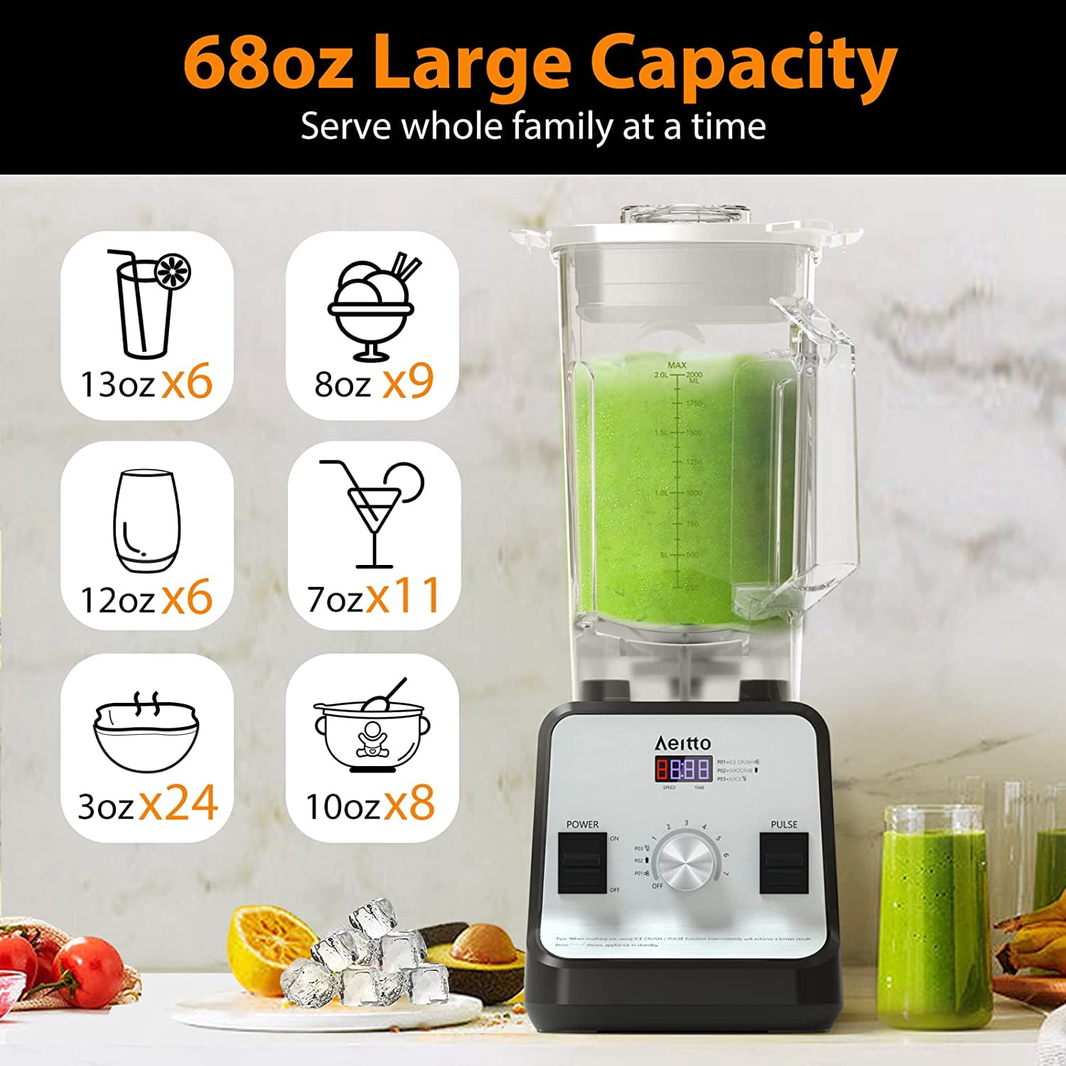 Blender, Blenders for Kitchen with 1500-Watt Motor, 68 Oz Large Capacity, Professional Countop Blenders for Ice Crush, Frozen Drinks, Silver
