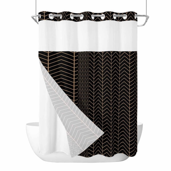 No Hook Simple Line Black Shower Curtain with Snap in Liner Set, Black Modern Art Geometric Waterproof Fabric Bathroom Curtains with See Through Top Window, Hotel Style Long 72 x 84 Inch