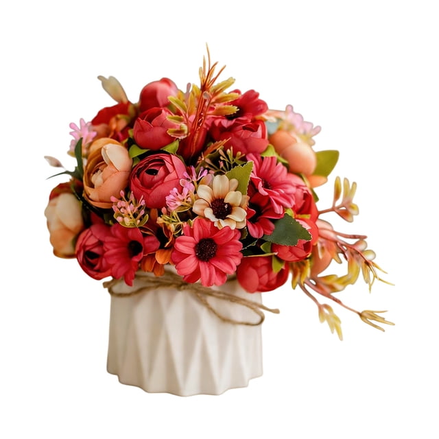 Pequeña Mesa para la Sala de Estar Ramo de Rosas Artificiales Rosas de Seda Flores en Macetas con Pequeño Jarrón de Cerámica Decoración de Flores Falsas para Mesas Casa Fiesta Oficina Cocina Comedor B