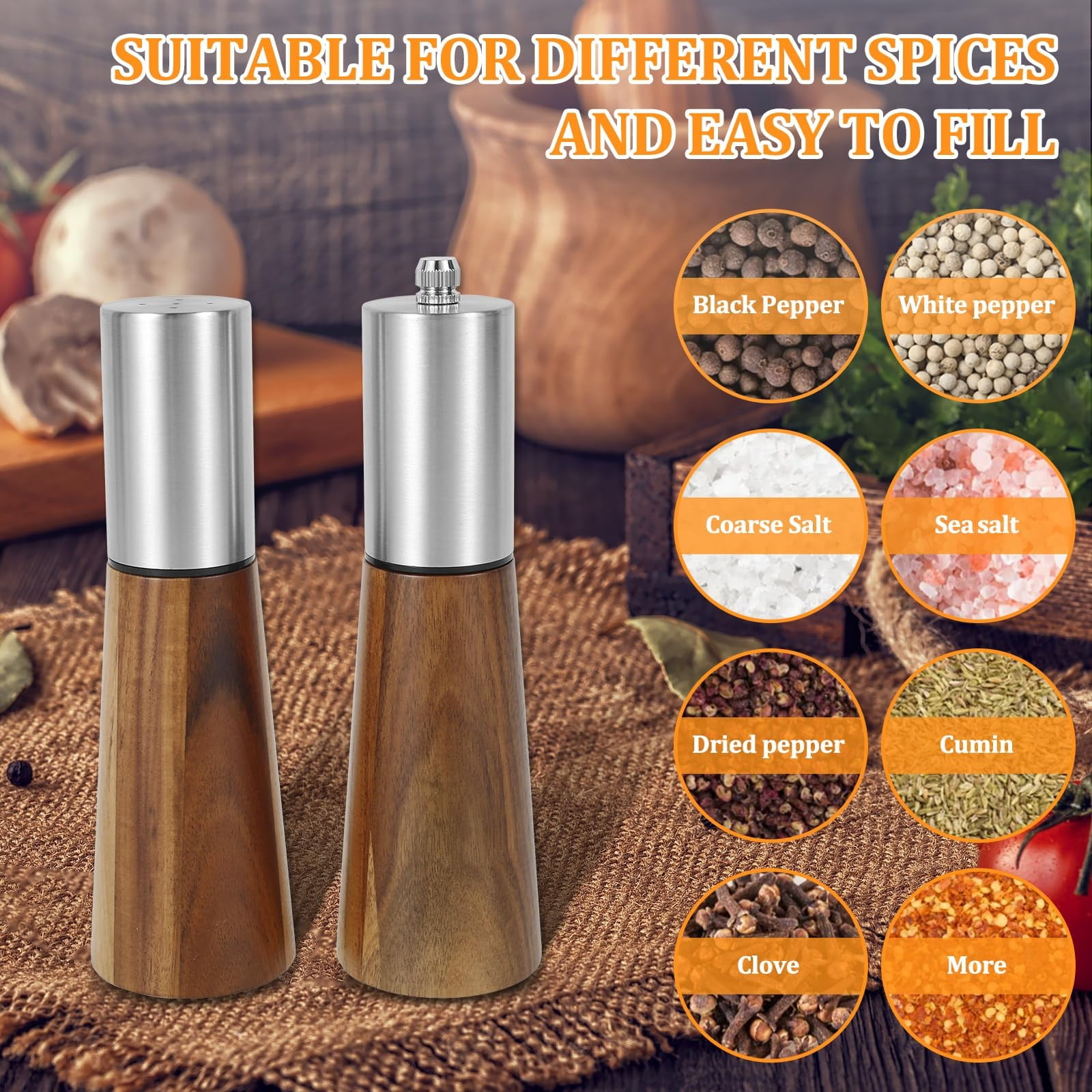 LLDYYDS Salt Shaker and Pepper Bow with Tray Acacia Wood Salt and Pepper Grinder Set Refillable Salt Shaker and Pepper Mill Set