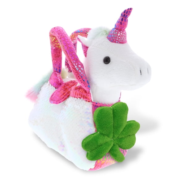 DolliBu Pink Unicorn – Purse Pet Carrier Animal with Green Plush Shamrock, Cute Green Shamrock Plush, St Patricks Day Stuffed Animal Unicorn, Good Luck St Patricks Day Toys for Kids, Baby - 9 Inches