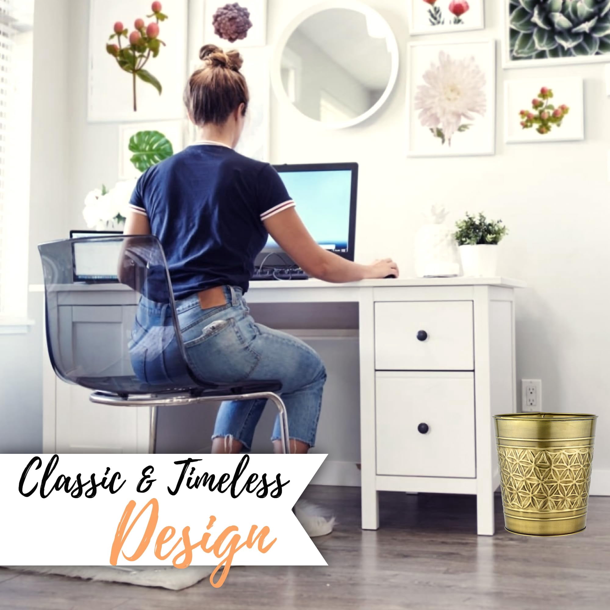 Autumn Alley Handcrafted Brass Bathroom Trash Can, Round Open-Top Bathroom Wastebasket Stylish Metal Waste Bin for Home, Office, Bedroom Decorative Waste Basket Decor, Coastal Trash Can Brass, 2 Gal.