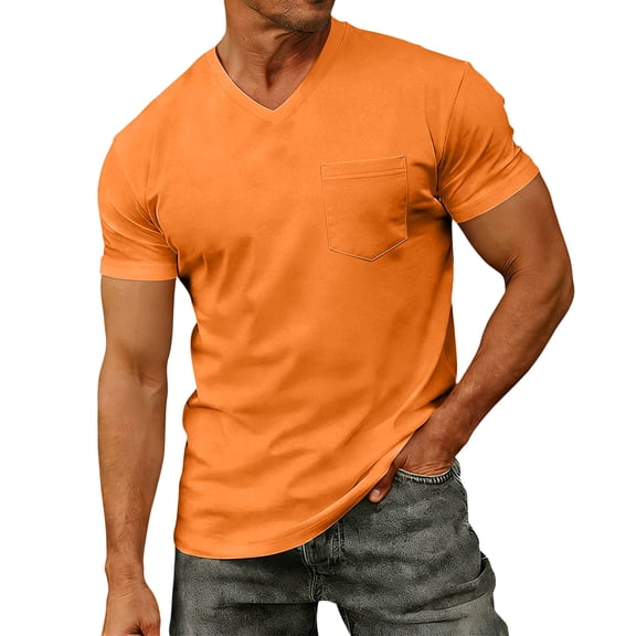 Men V Neck Short Sleeve T Shirt with Chest Pocket Casual Fit Basic Tee Soft Comfortable Fabric Top Orange S