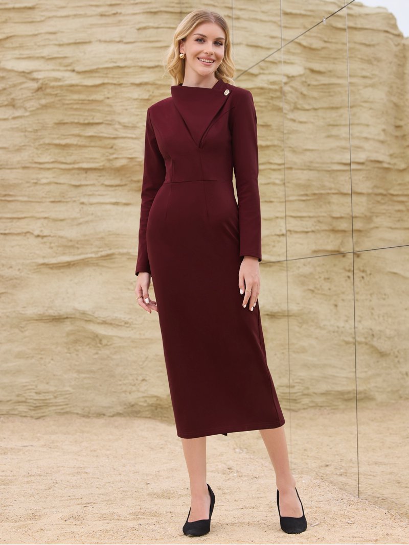 long sleeve red pencil dress Long Sleeve Dress Red Crew Neck Pencil Silhouette Minimalist Cocktail Attire