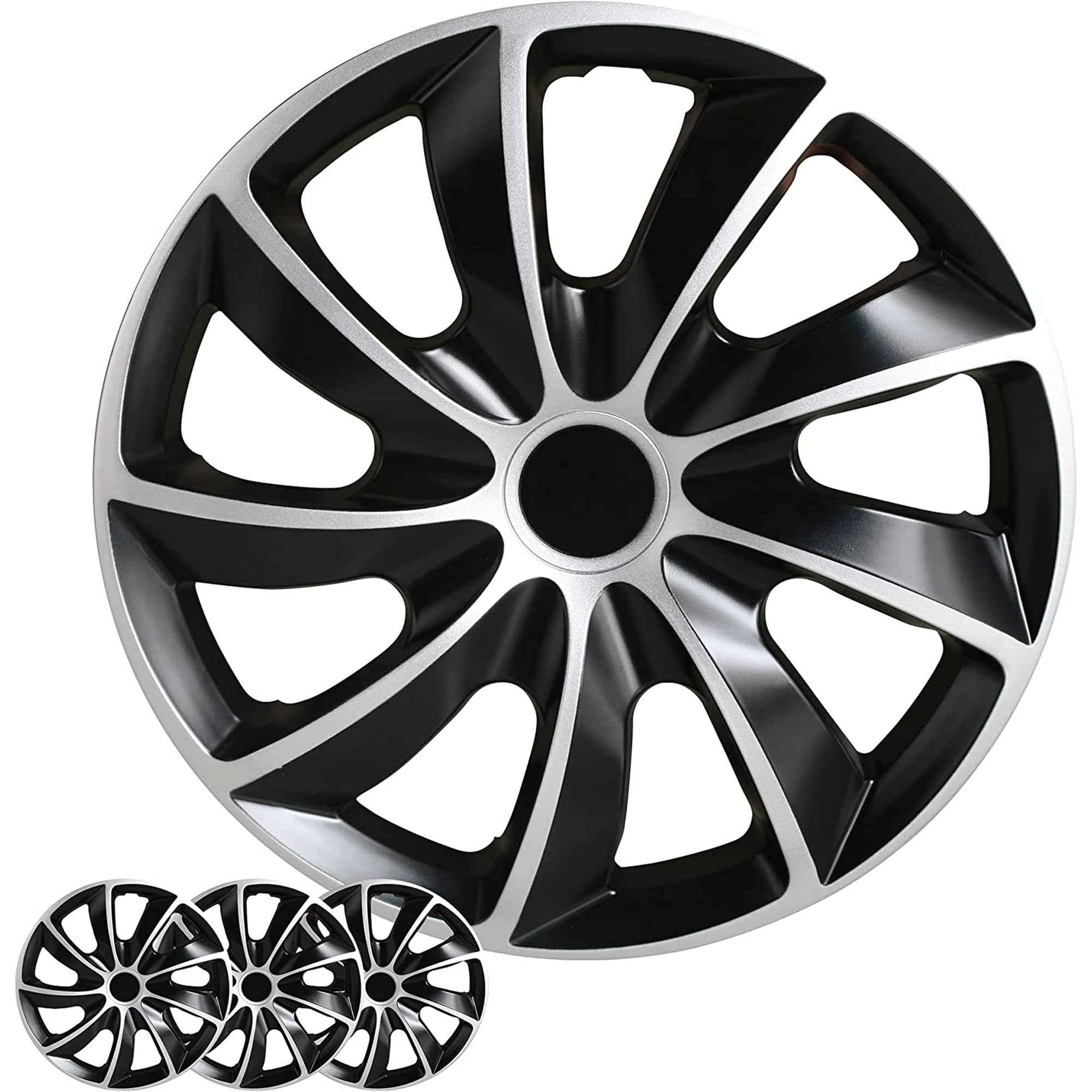 Shirry Group Wheel Cover Kit 16 Inch Hubcaps Set Of 4 Automotive Hub Caps With Universal Snap On Retention Rings 2 Tone Abs Plastic Black And Silver