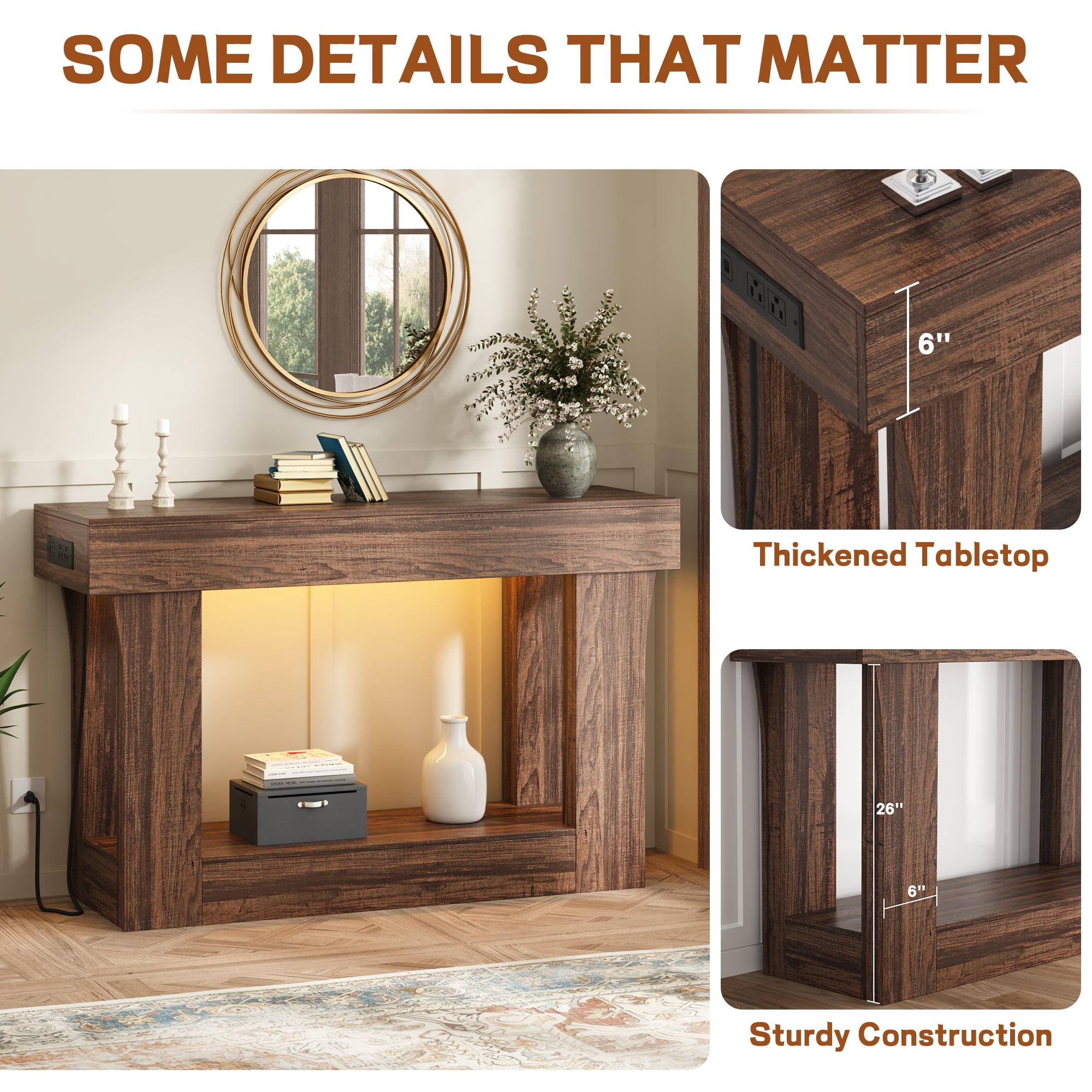 47" Long Console Table for Entryway with Charging Station, Wooden Foyer Hallway Table, Industrial Console Sofa Table for Living Room, Brown