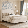 thumbnail image 3 of Neche Queen Upholstered Platform Bed Frame - 51" Tall Curved Wingback, Soft Fabric, Retro Sleigh Style, No Box Spring Needed, Easy Assembly, Beige, 3 of 12