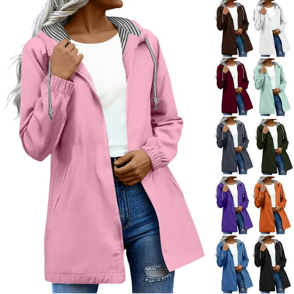 Godom Women's Rain Jackets Casual Zip Up Windbreaker Long Sleeve Hooded Jacket Lightweight Raincoat Fashion Outerwear