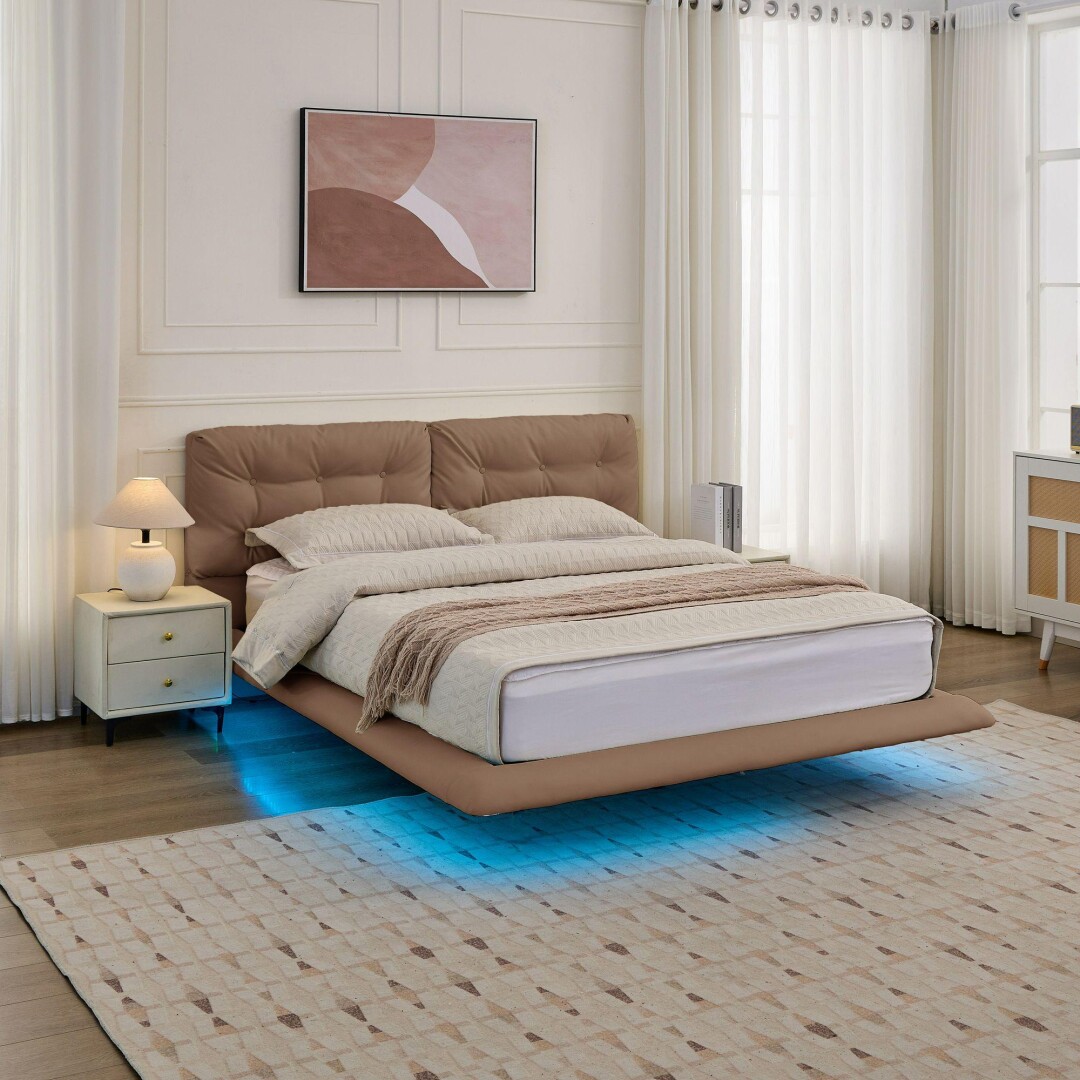 Queen Size Floating Bed Frame with LED Lights, Upholstered Platform Bed with Button Tufted Headboard, No Box Spring Needed, Easy Assembly, Khaki