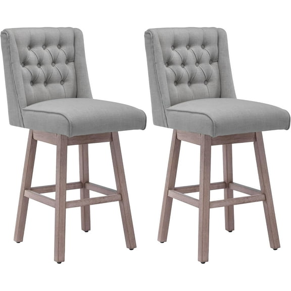 Swivel Bar Stools with Backs Set of 2, 29 Inch Linen Fabric Upholstered Barstools with Solid Wood Legs, Grey