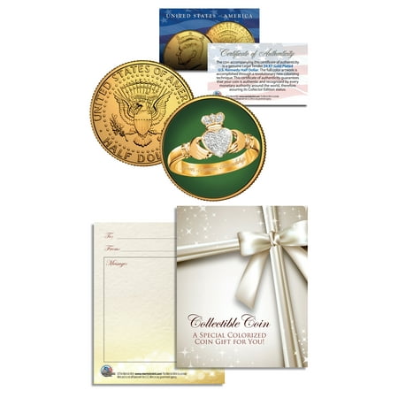 24k Square Ring - IRISH CLADDAGH RING 24K Gold Plated JFK Kennedy Half Dollar U.S. Colorized Coin
