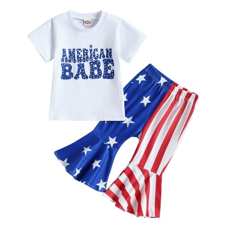 

MIPREWUY Independence Day Baby Girls Outfits Summer Letter Print Short Sleeve T-shirt and Elastic Star Stripe Flare Pants Set