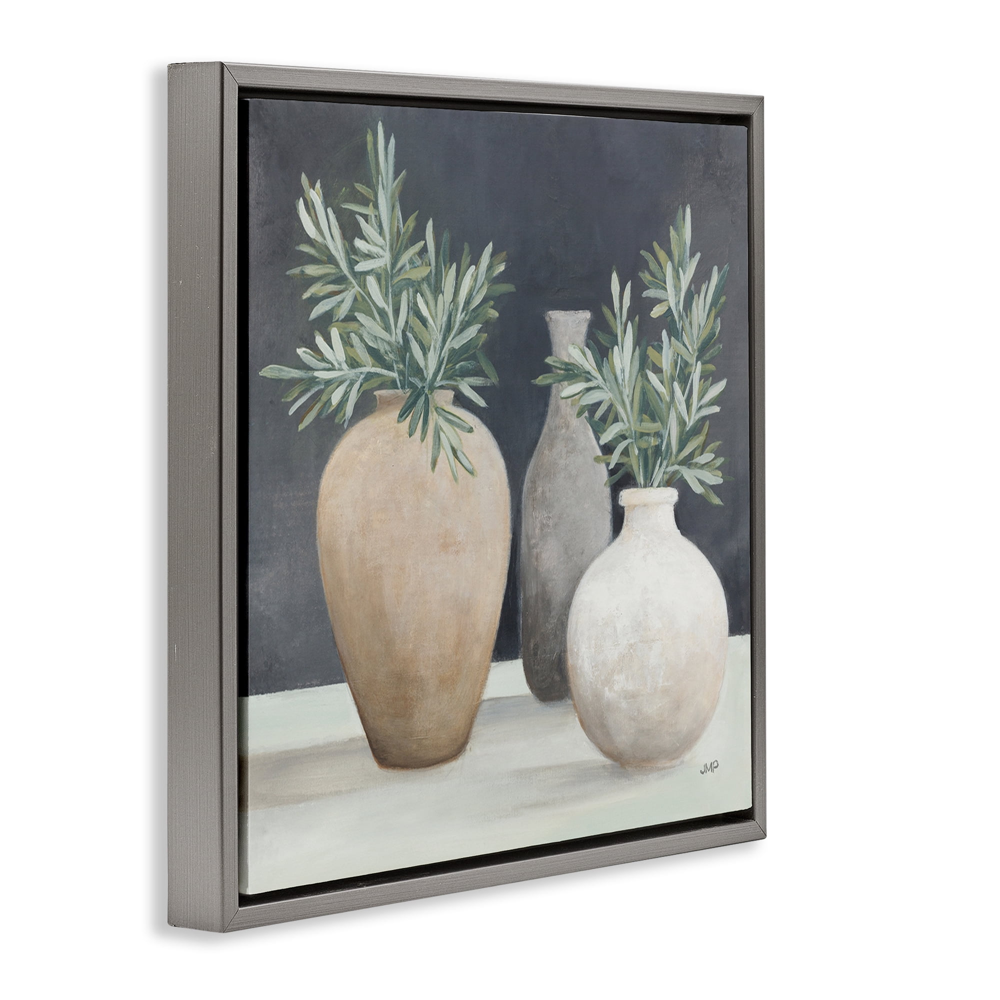 Stupell Industries Botanical Pottery Vessels Plants & Flowers Painting Gray Floater Framed Canvas Art Print Wall Art, 18 x 18